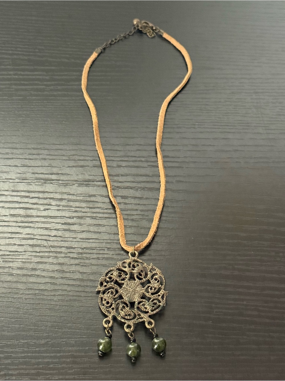 Bohemian Style Necklace w/Bronze Toned Ornate Swirling Medallion on Suede Cord - Picture 5 of 8